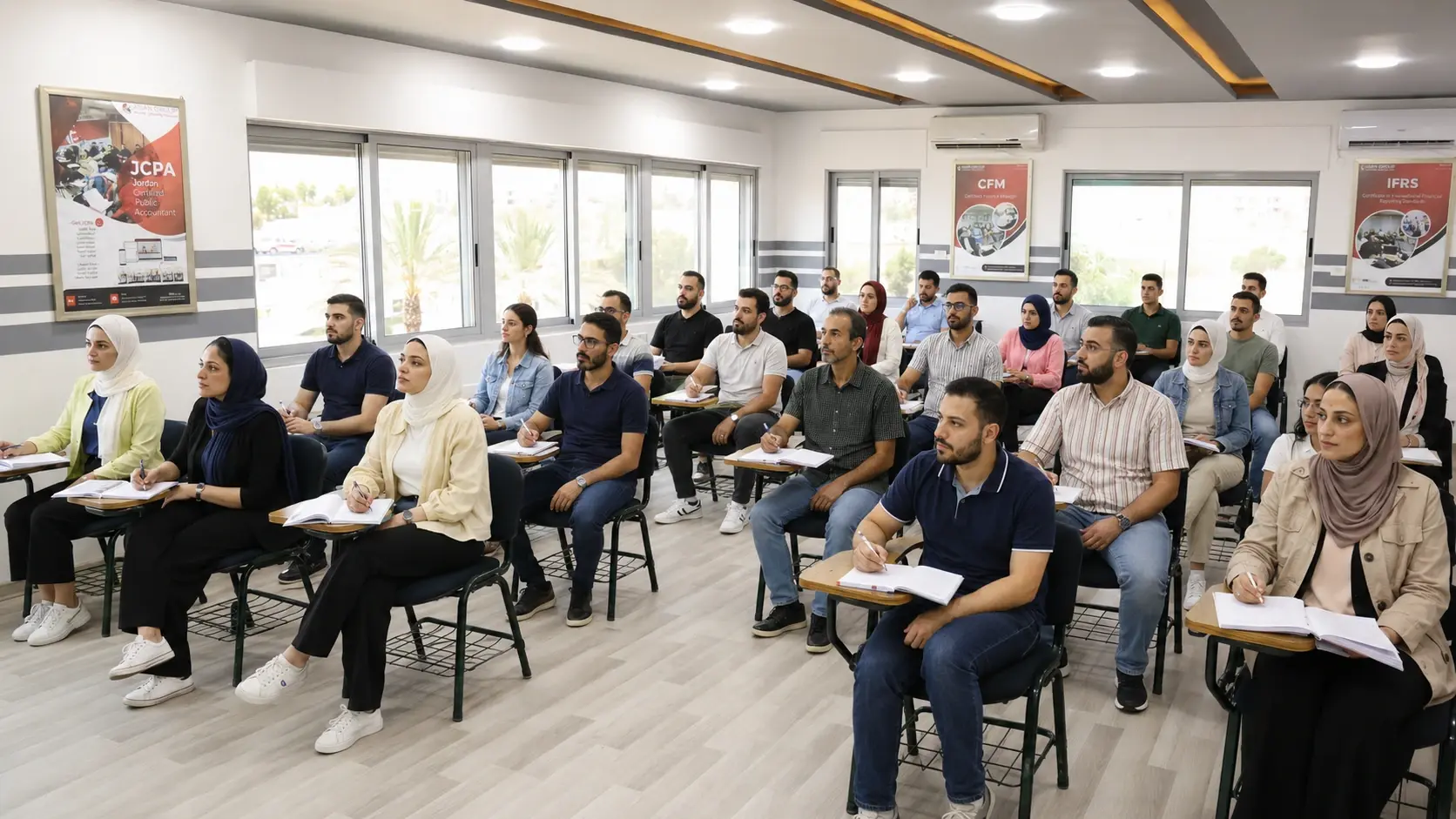 قاعة تدريب في صرح العالمية تضم مجموعة من المشاركين خلال جلسة تدريب مهني