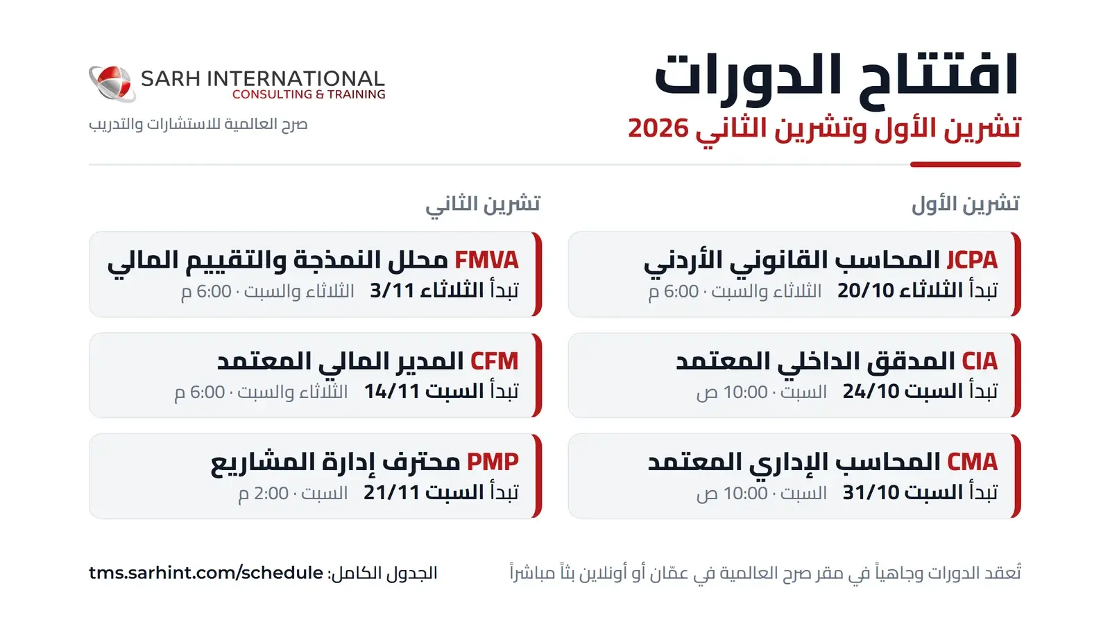 افتتاح دورات صرح العالمية في تشرين الأول وتشرين الثاني 2026: JCPA وCIA وCMA وFMVA وCFM وPMP