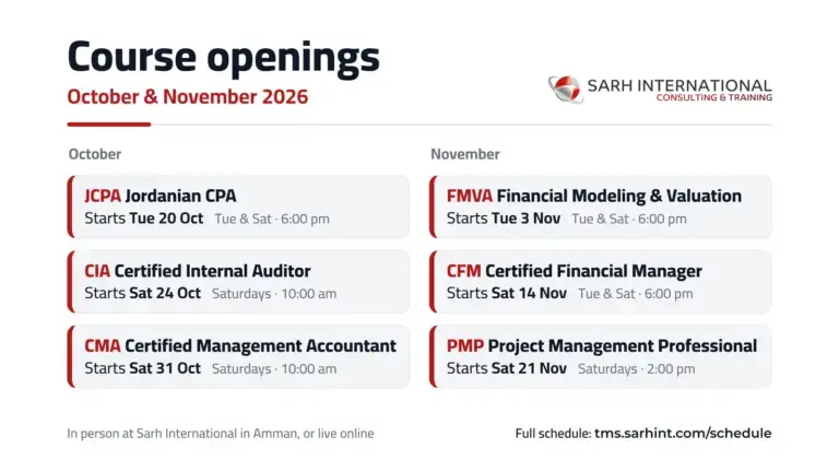 Sarh International course openings for October and November 2026: JCPA, CIA, CMA, FMVA, CFM and PMP
