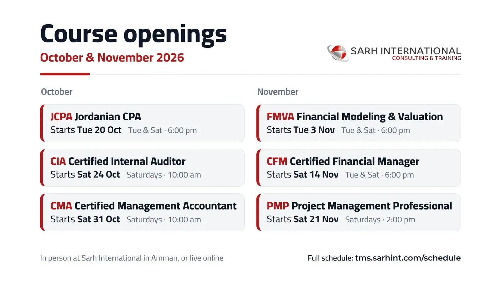 Sarh International course openings for October and November 2026: JCPA, CIA, CMA, FMVA, CFM and PMP